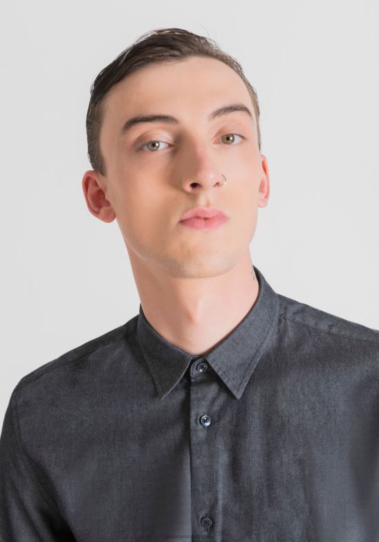 4R2JF115 ropa hombres Antony Morato azul claro Camisa napoli slim fit de puro algodón de fácil planchado con efecto denim