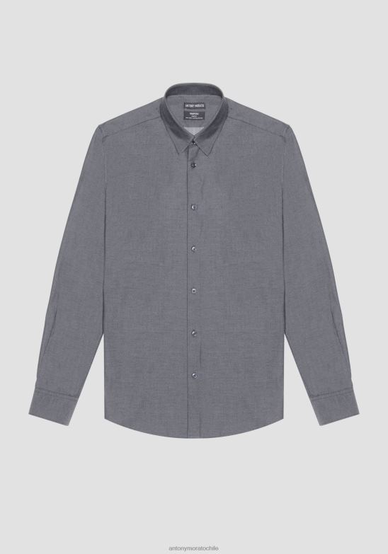 4R2JF115 ropa hombres Antony Morato azul claro Camisa napoli slim fit de puro algodón de fácil planchado con efecto denim