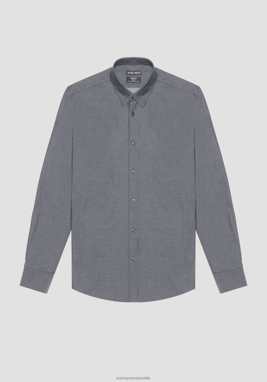 4R2JF115 ropa hombres Antony Morato azul claro Camisa napoli slim fit de puro algodón de fácil planchado con efecto denim