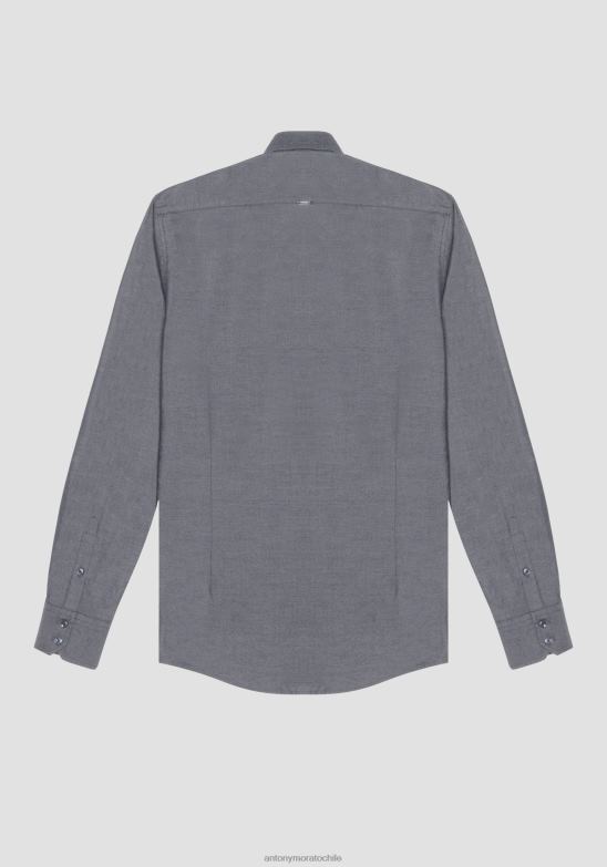 4R2JF115 ropa hombres Antony Morato azul claro Camisa napoli slim fit de puro algodón de fácil planchado con efecto denim