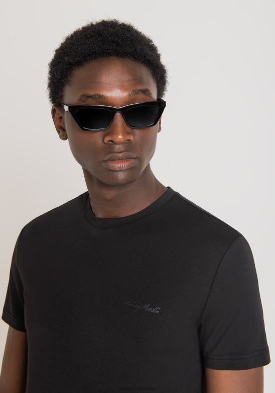 4R2JF141 ropa hombres Antony Morato negro Camiseta super slim fit de algodón elástico con logo estampado