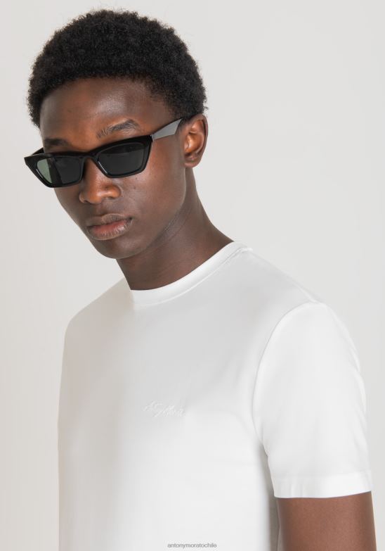 4R2JF143 ropa hombres Antony Morato blanco Camiseta super slim fit de algodón elástico con logo estampado