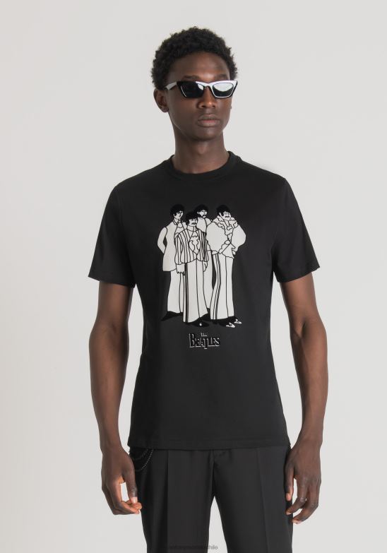 4R2JF169 ropa hombres Antony Morato negro camiseta regular fit 100% algodón con estampado de los beatles
