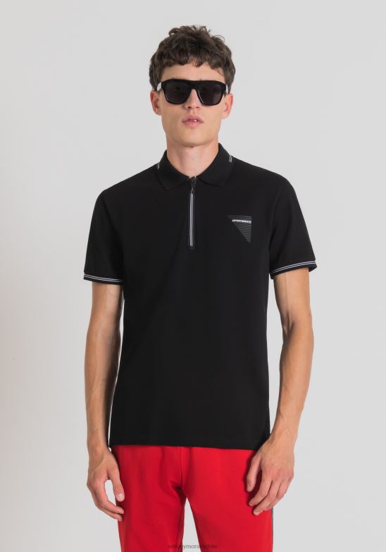 4R2JF173 ropa hombres Antony Morato negro Polo slim fit de piqué de algodón mercerizado con logo estampado engomado