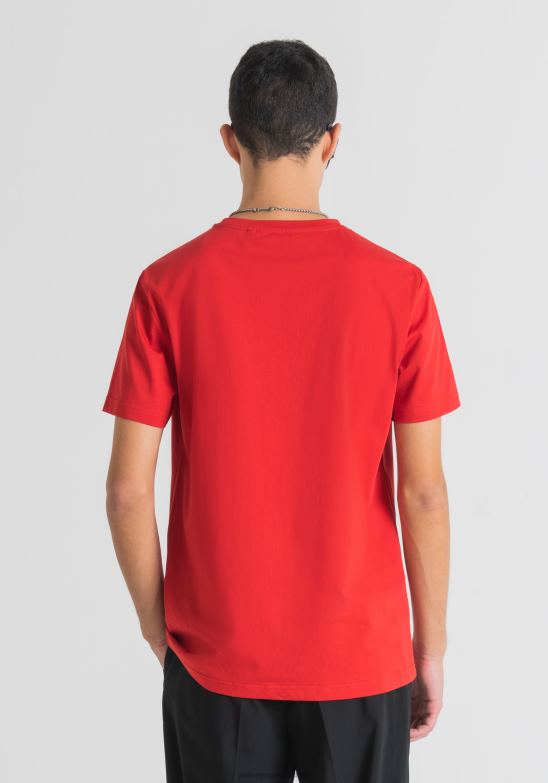 4R2JF188 ropa hombres Antony Morato fuego rojo camiseta slim fit de puro algodón con estampado morato