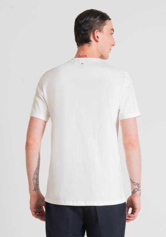 4R2JF206 ropa hombres Antony Morato crema camiseta regular fit de 100% algodón con estampado de la estatua de la libertad