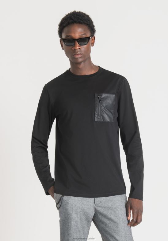 4R2JF211 ropa hombres Antony Morato negro Camiseta regular fit de manga larga 100% algodón con bolsillo con cremallera de piel sintética