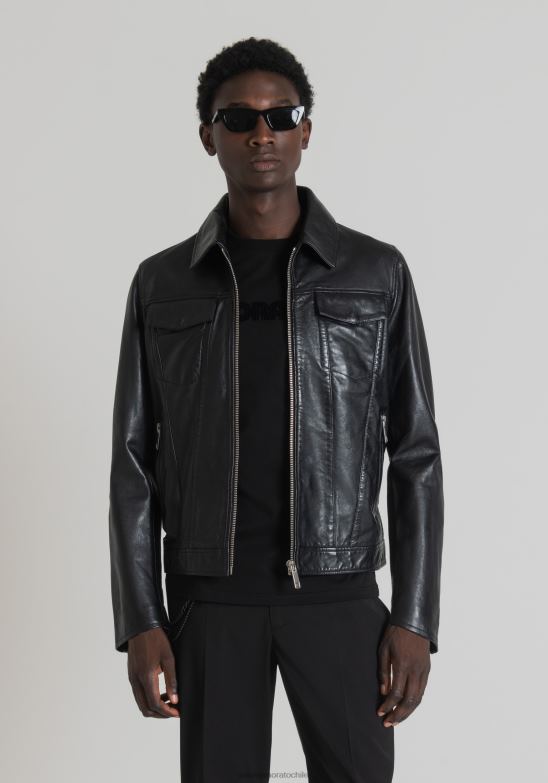 4R2JF1 ropa hombres Antony Morato negro chaqueta slim fit de piel auténtica con cuello camisero