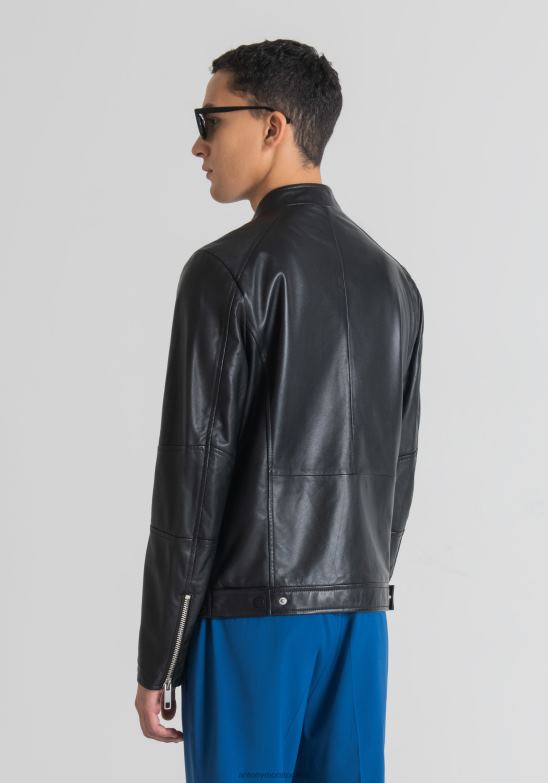 4R2JF4 ropa hombres Antony Morato negro Chaqueta biker slim fit de piel auténtica con cuello coreano