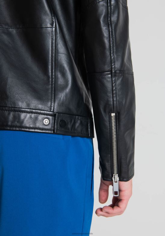 4R2JF4 ropa hombres Antony Morato negro Chaqueta biker slim fit de piel auténtica con cuello coreano