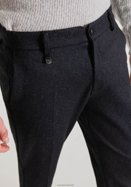 4R2JF228 ropa hombres Antony Morato tinta azul Pantalón ashe de corte superpitillo en tejido mixto de viscosa elástica con estampado de espiga