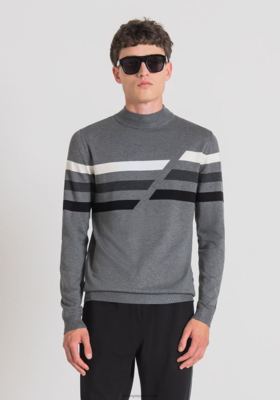 4R2JF76 ropa hombres Antony Morato gris mel.medio Cuello tipo polo ajustado en hilo de viscosa afeitada elástica con rayas de jacquard en contraste