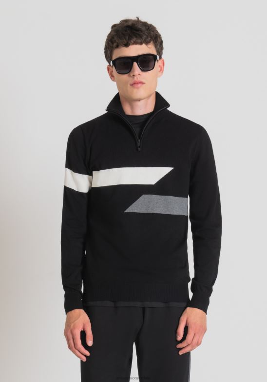 4R2JF93 ropa hombres Antony Morato negro sudadera slim fit de hilo elástico con cuello alto y bandas de jacquard
