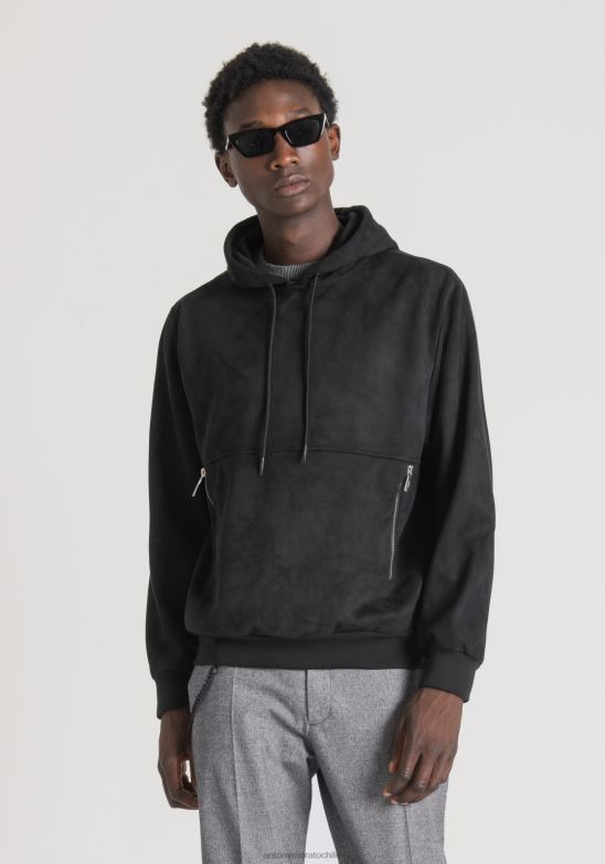 4R2JF60 ropa hombres Antony Morato negro sudadera regular fit de tejido elástico con efecto ante