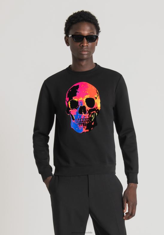 4R2JF68 ropa hombres Antony Morato negro Sudadera regular fit en tejido de mezcla de algodón con estampado de calaveras multicolor